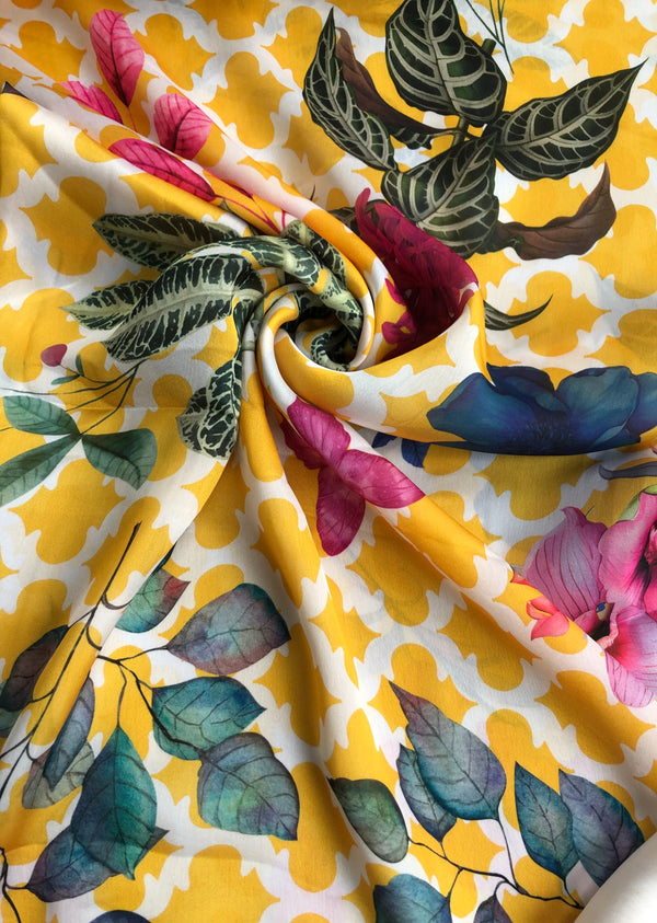 Yellow Floral Print Satin Georgette