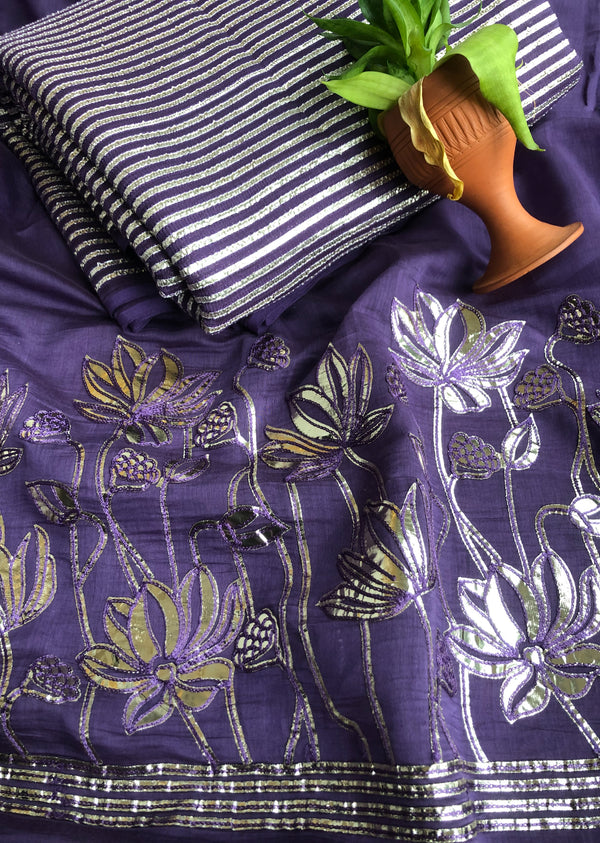 Purple Lotus Applique Work Chanderi Set