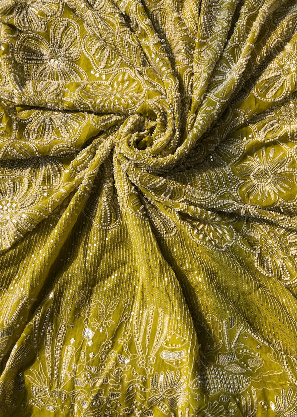 Lime Yellow  Floral Embroidered Georgette
