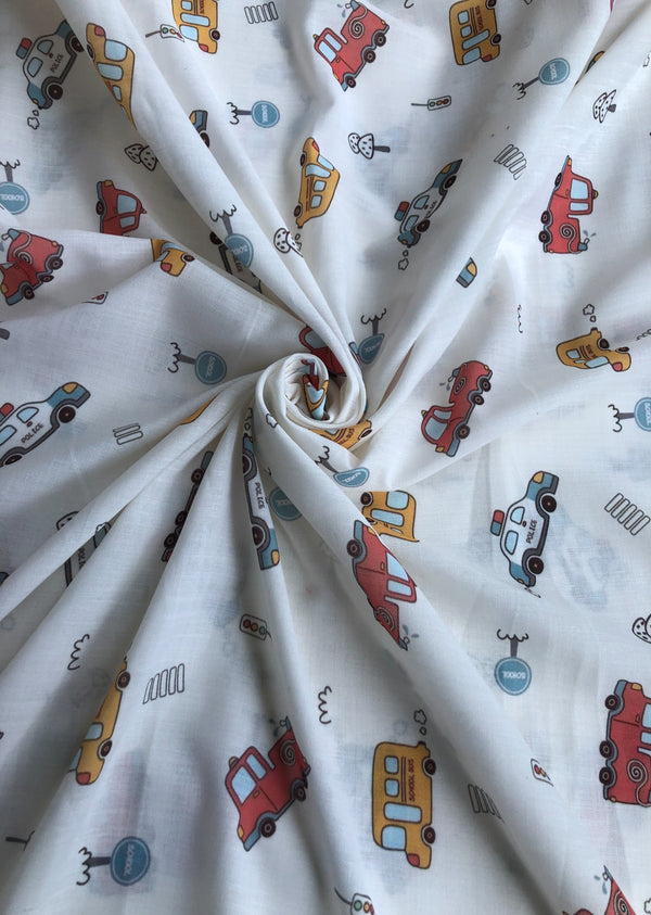 White Car Print Cotton Linen