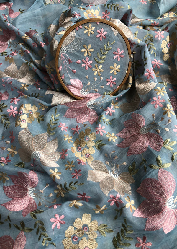 Sky Floral Embroidered Chanderi