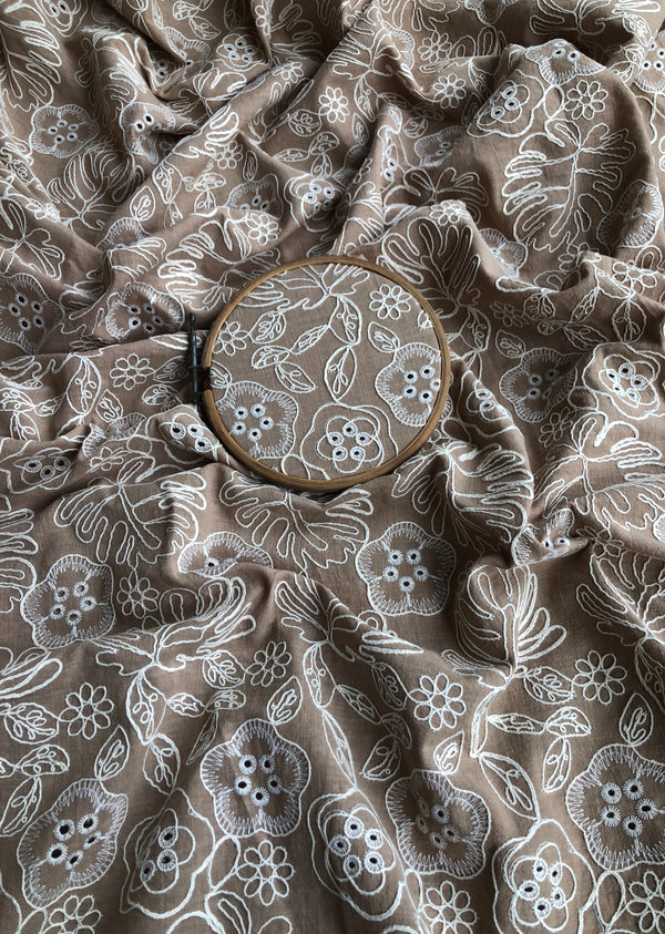 Deep Beige Floral Jaal Embroidered Cotton