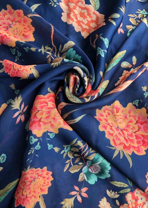 Blue Floral Print Satin Georgette