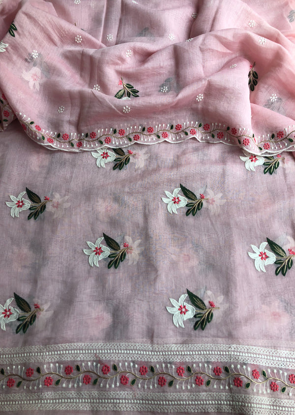 Pink Embroidered Floral Set