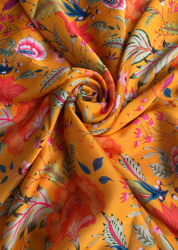 Yellow  Floral Print Satin Georgette