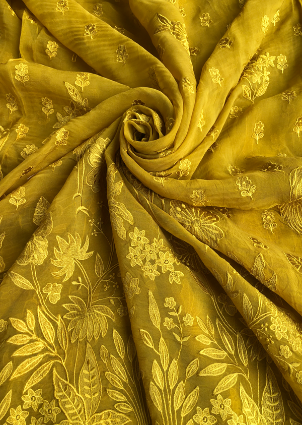 Yellow Embroidered Organza Georgette