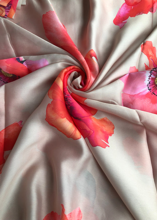 Beige Floral Print Satin Georgette