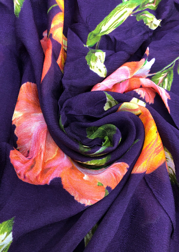 Purple Floral Print Chinon Chiffon