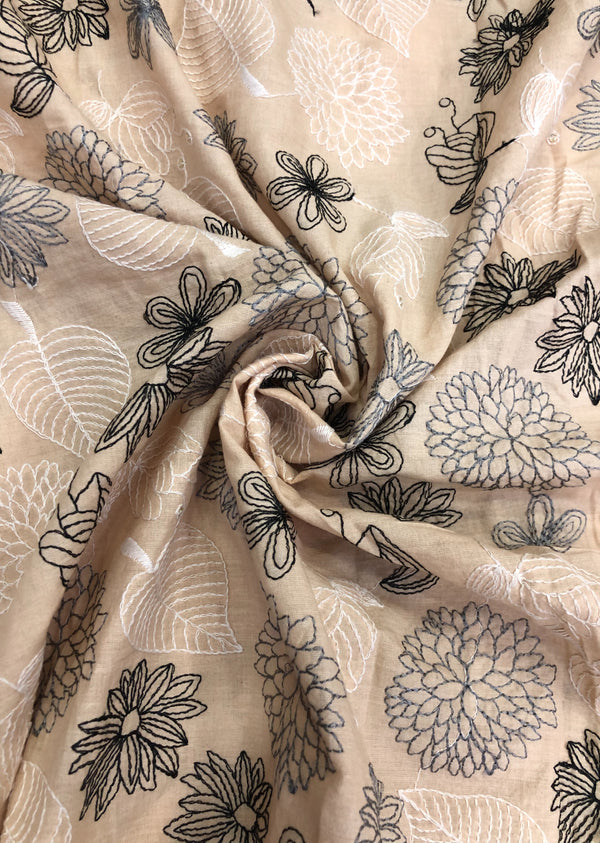 Beige Floral Embroidered Cotton