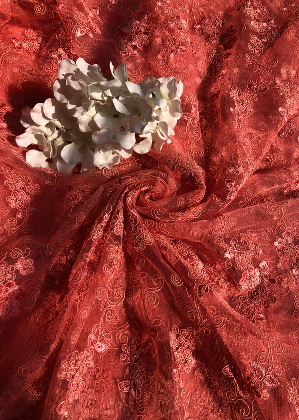 Peach Embroidered Net