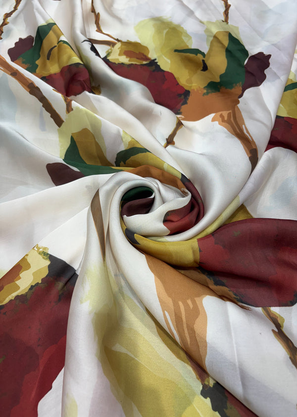 Ochur Leaves on White Satin Georgette Fabric