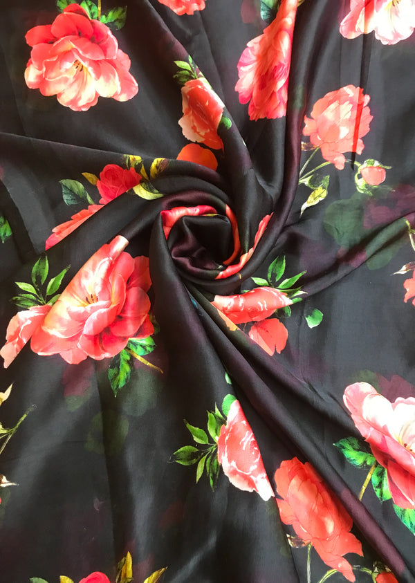 Black Floral Print Satin Georgette
