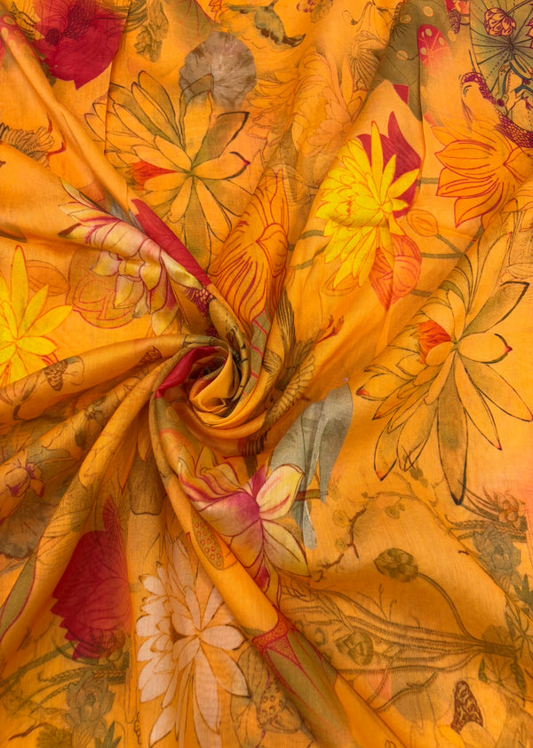 Orange Floral Print Chanderi