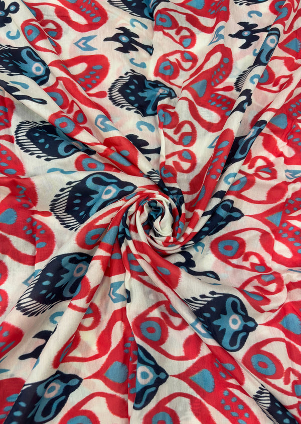 White & Red Abstract Print Muslin