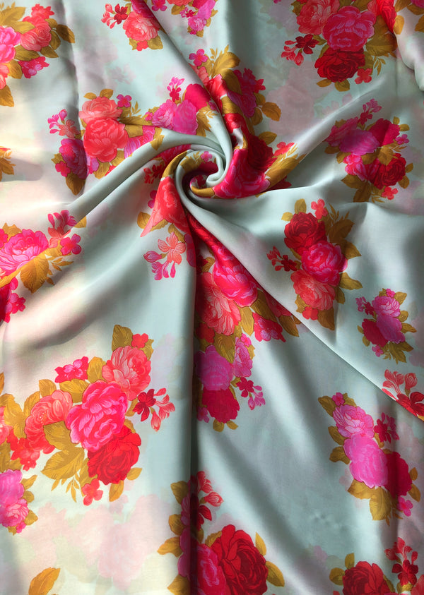 Pink Floral Print Satin Georgette