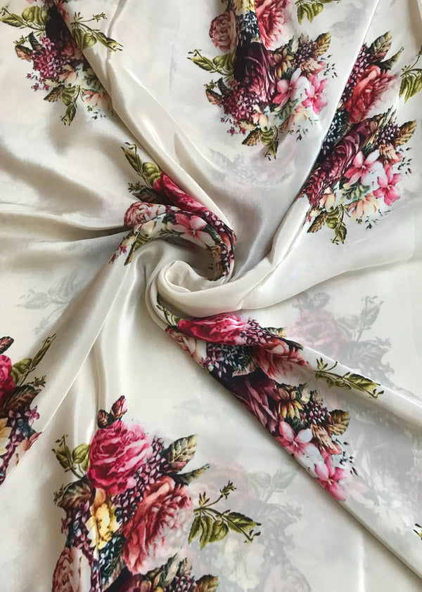 White Floral Print Satin georgette