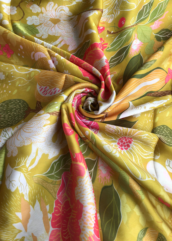 Lime Green Floral Print Satin Georgette
