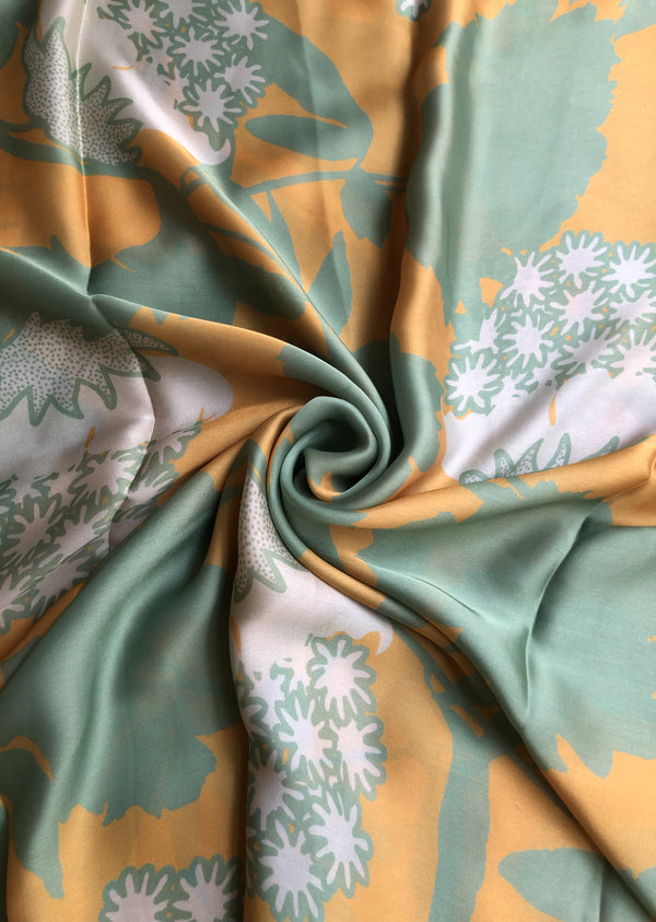 Yellow & Green Floral Satin Georgette