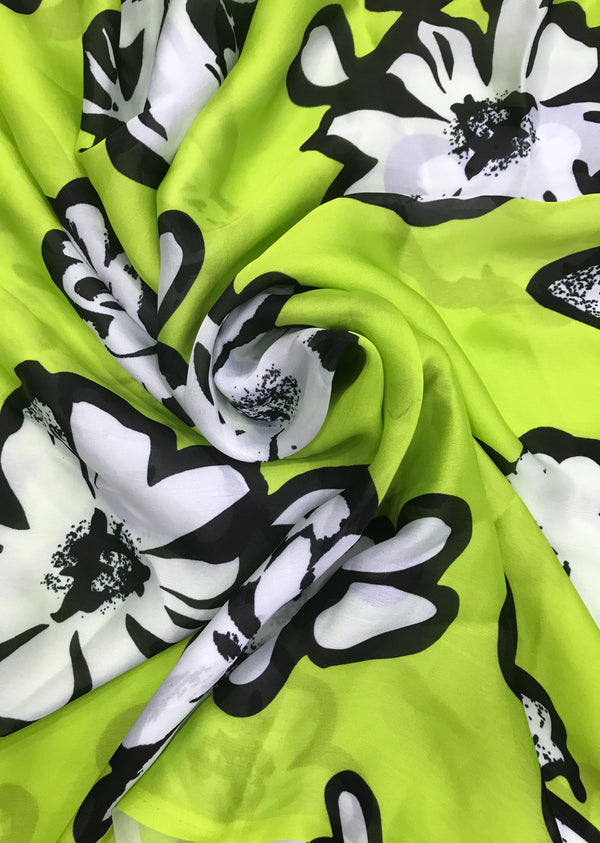 Lime Green Floral Print Satin Georgette