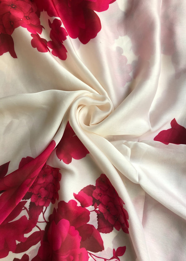 White & Red Floral Satin Georgette