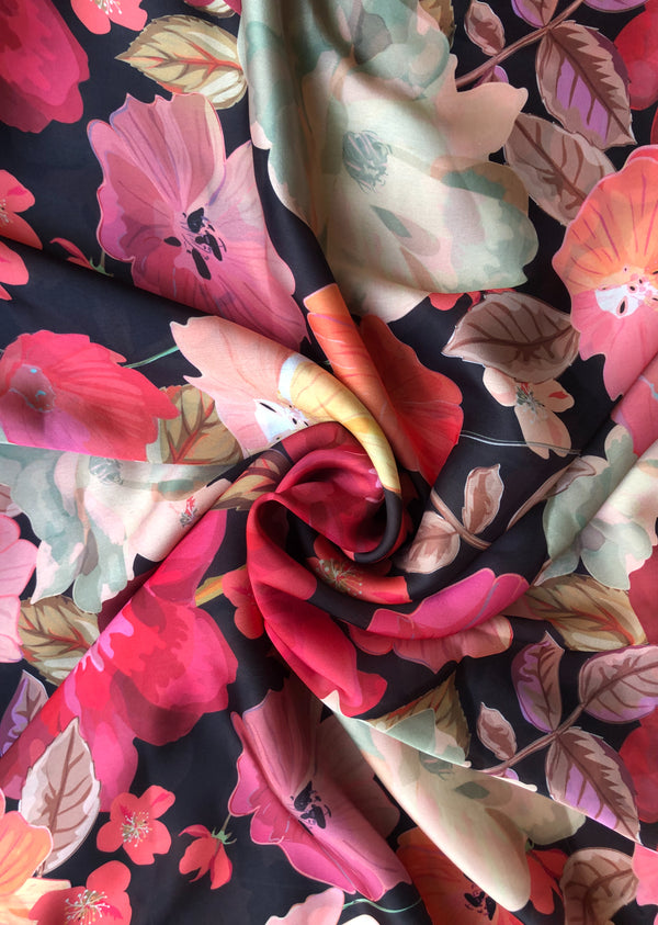 Black Floral Print Satin Georgette