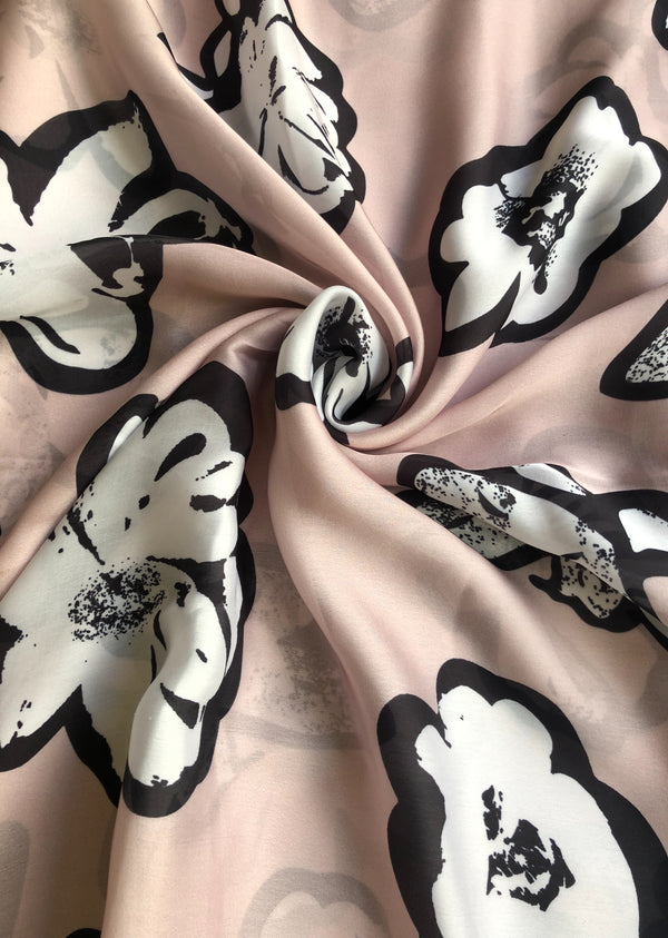 Beige Floral Print Satin Georgette