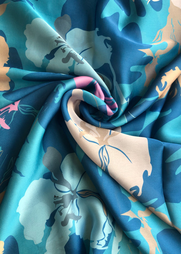 Blue Floral Print Satin Georgette