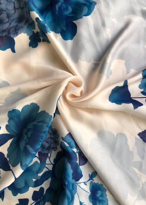 White Floral Print Satin Georgette