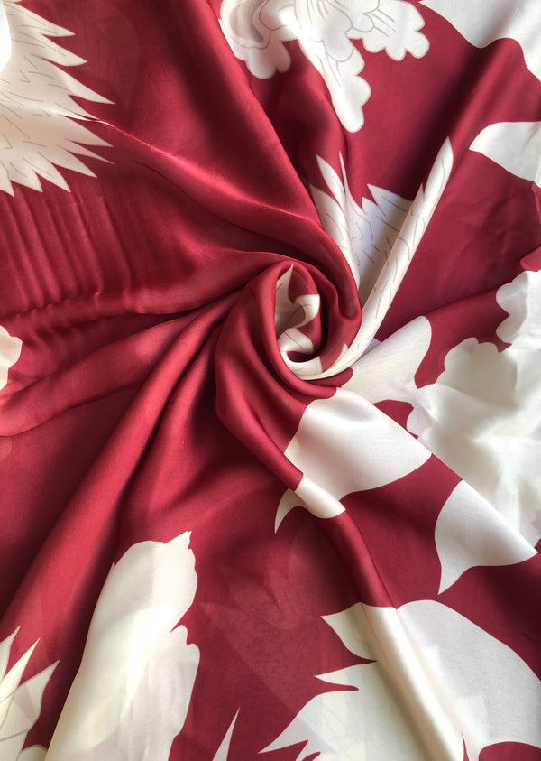 Red & White Floral Print Satin Georgette