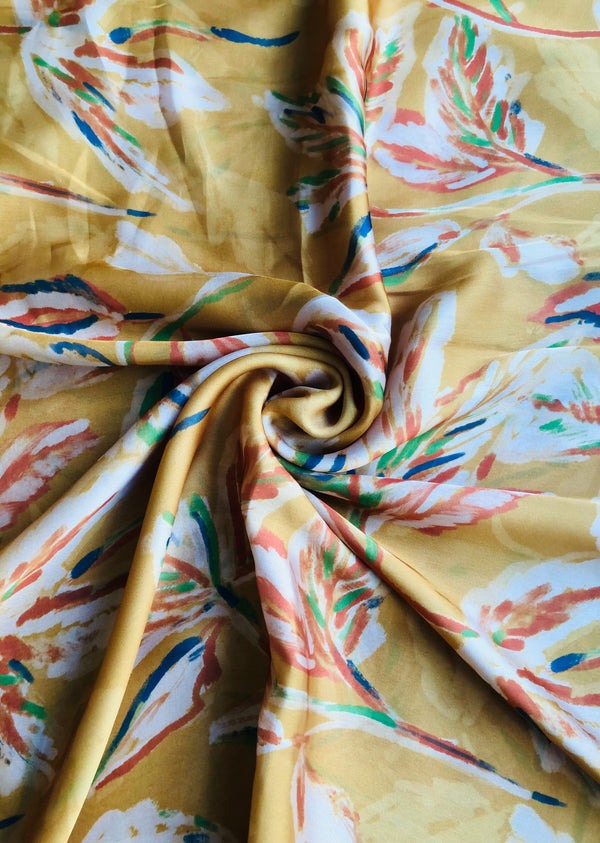 Yellow Floral Print Satin Georgette