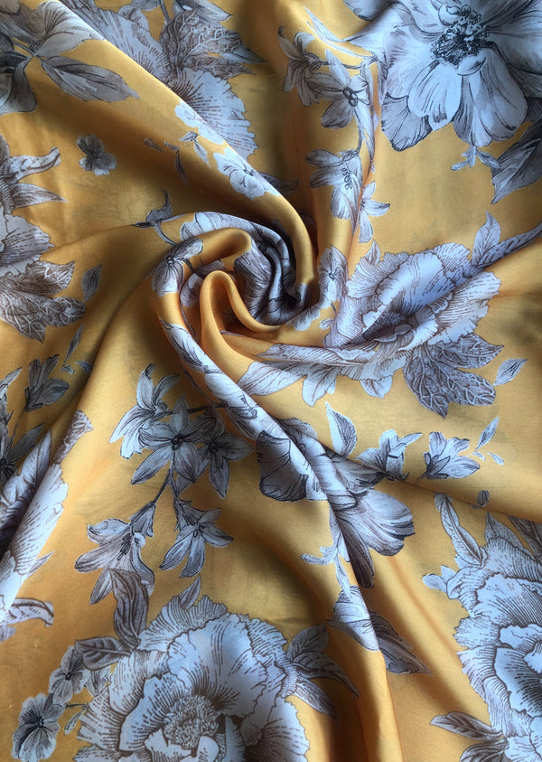 Yellow Floral Print Satin Georgette