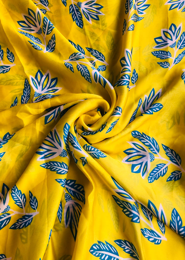 Yellow Leaf Print Satin Georgette