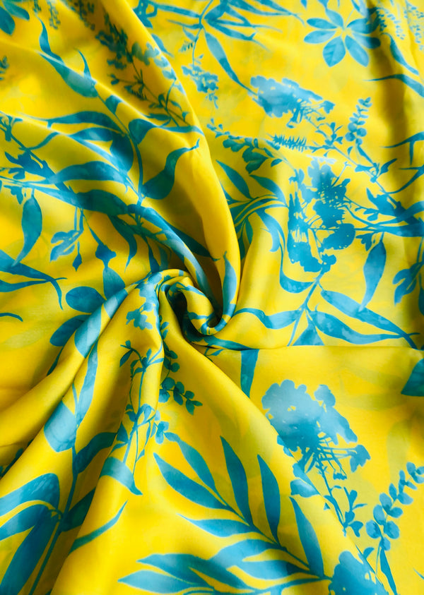 Yellow Floral Satin Georgette