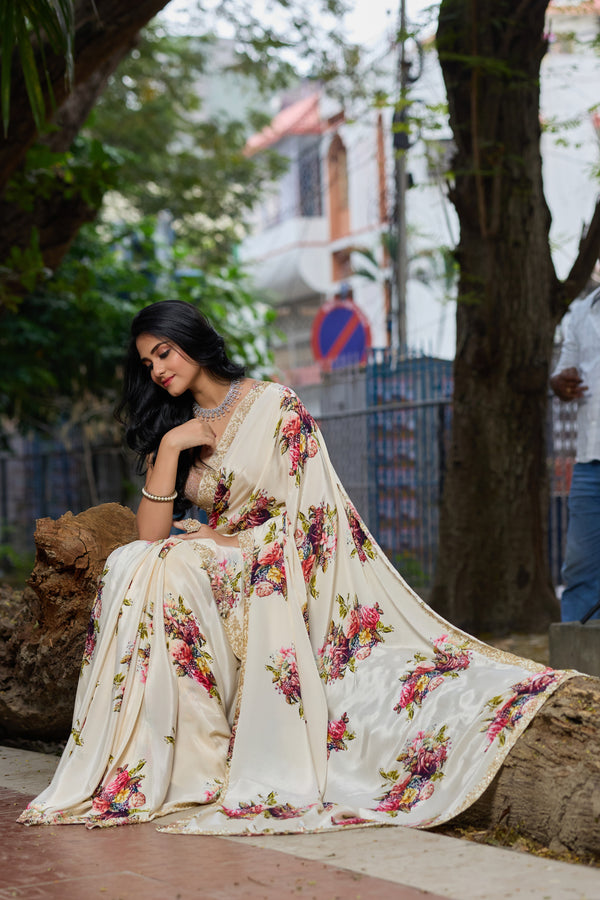 Off White Flower Printed Crepe Hand Embroidered Saree