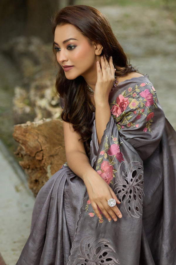 Grey Tussar Cutwork and Hand Embroidery Saree