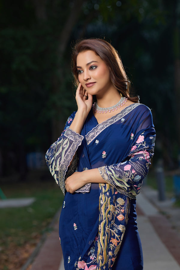 Navy Blue Georgette Resham Embroidery Saree